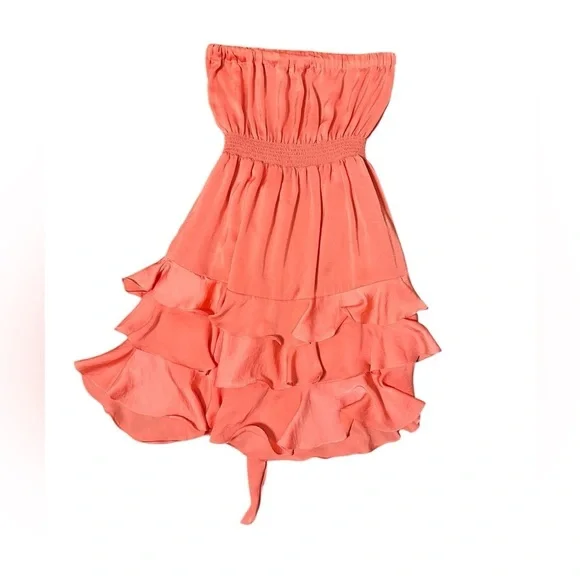 Rebecca Taylor Cha Cha Ruffle Tiered Strapless Sash Tie Coral Satin Dress 4 - Picture 5 of 6